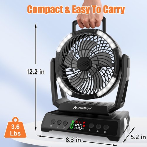 ayamaya Camping Fan with Light, 40000mAh Rechargeable Tent Fan with Remote, 9 Speeds Battery Powered Fans with Digital Display, Timer, Auto Oscillation & Hook for Camping, Outdoor Tents, Hurricane