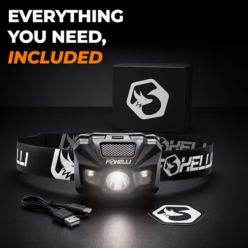 Foxelli USB-C Rechargeable Headlamp - Ultra-Light 2.4 oz, 180 Lumens, Red/White 5 Modes, IPX5 Waterproof (Black)