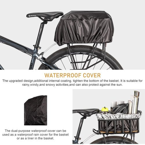 CXWXC Rear Bike Basket - Large Bicycle Rear Basket with Cargo Net and Waterproof Cover, Wooden Base Baskets Rear Large Capacity