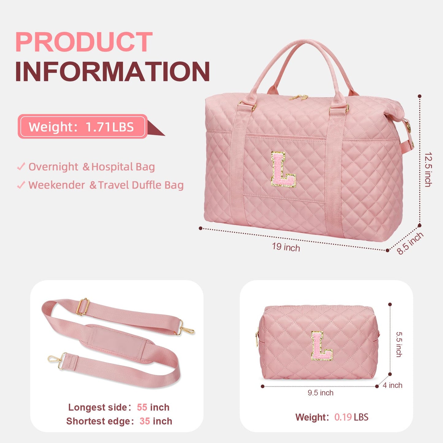 Gifts for Teen Girl, Initial Travel Duffle Bag, Personalized Women Weekender Overnight Bags, Gift for Daughter Kid Mom Friend College Girl Graduation Teacher（Pink,L)