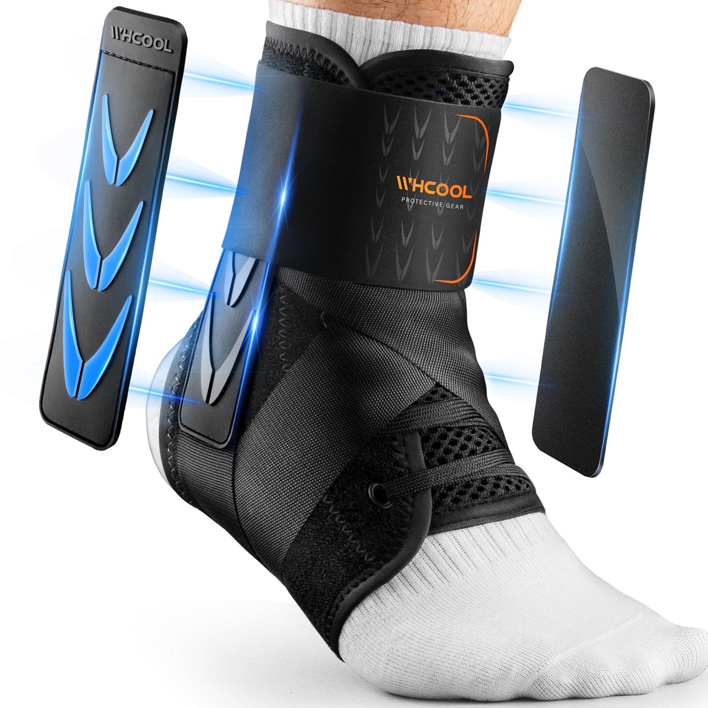 WHCOOL Slim-Fit Ankle Brace for Sprained Ankle, Quick Lace Up Ankle Support for Women Men with 2 Auto-Shaped Pads, Air Fabric Cool Ankle Stabilizer for Injury Recover, Running,Sports, L(13”-14”)