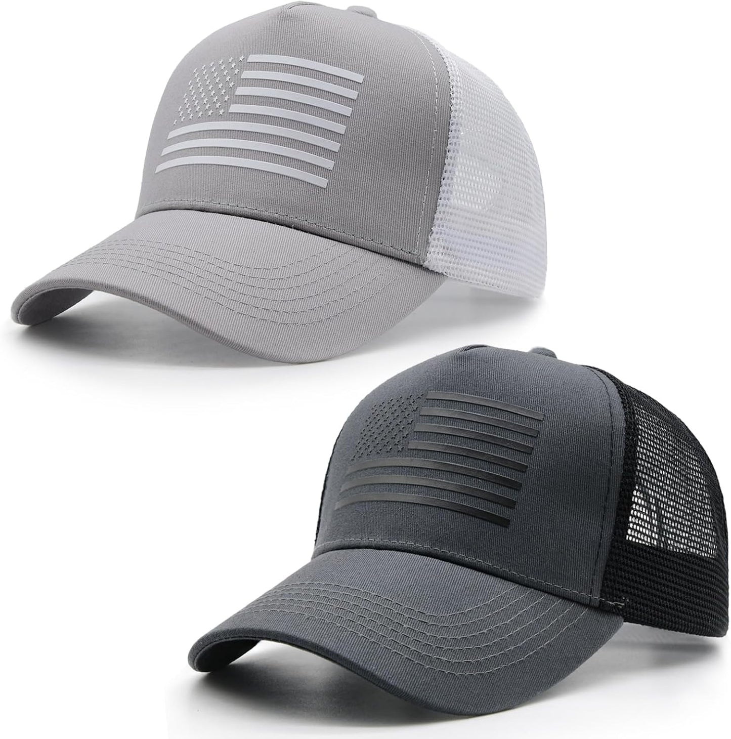 2 Packs American Flag Trucker Hat, Adjustable Mesh Snapback USA Flag Baseball Caps for Men Women