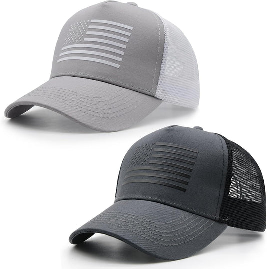 2 Packs American Flag Trucker Hat, Adjustable Mesh Snapback USA Flag Baseball Caps for Men Women