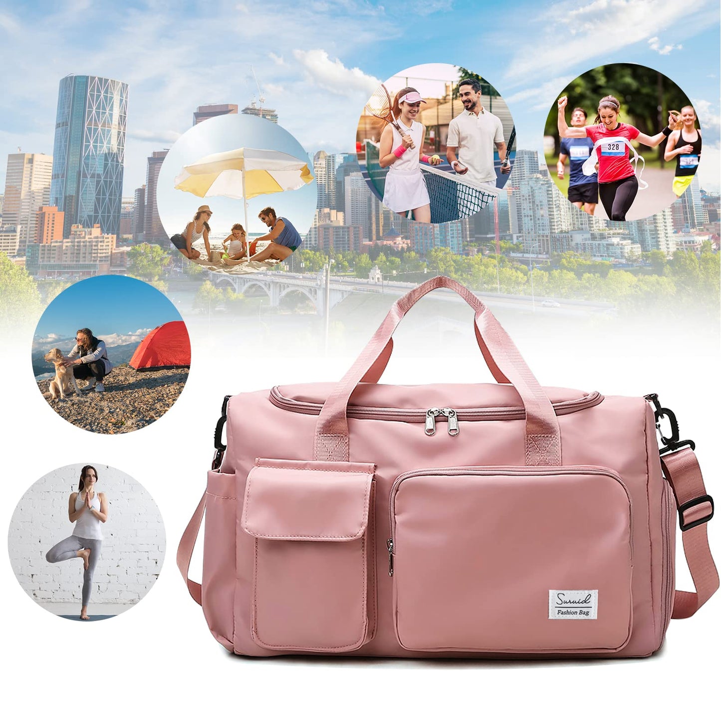 Suruid Sports Gym Duffel Bag with Shoes Compartment and Dry Wet Separated Pocket for Men and Women - Overnight Weekender Training Handbag Yoga Bag - Pink