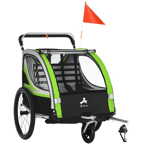 Aosom 3-in-1 Walk/Jog/Ride Child Baby Bike Trailer for Kids 2 Seater, High-Visibility Bike Stroller for Toddler Wagon, Weather-Strong Double Bicycle Trailer Accessory for Kids, Green