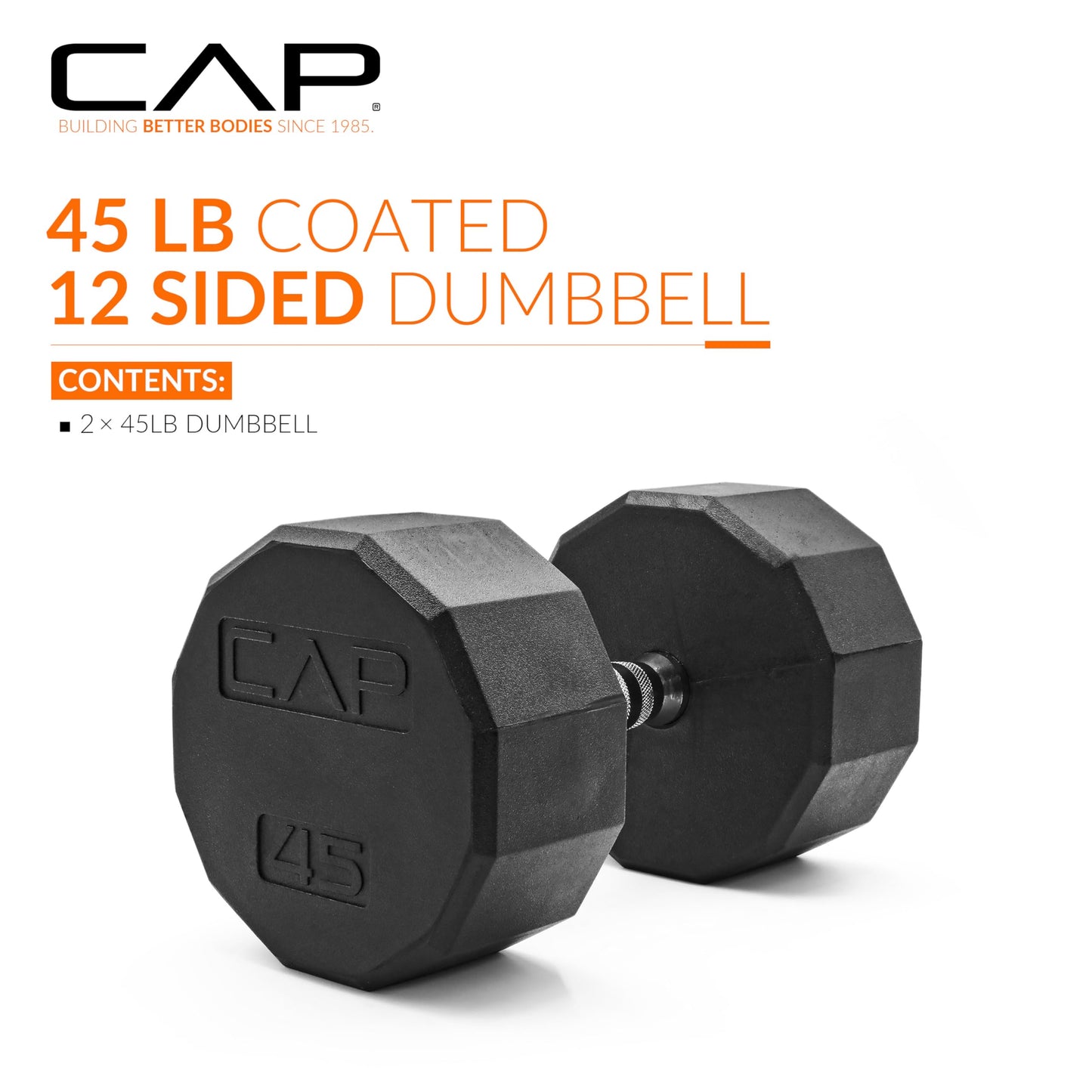 CAP 45 LB 12-Sided Rubber Coated Dumbbell Weight, Rubber Free Weights for Home Gym Strength Training, Chrome Handle, Pair