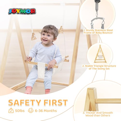 JOYMOR 2-in-1 Wooden Baby Swing & Jumper with A-Frame Foldable Stand for Indoor and Outdoor Use, Montessori Play Set with Baby Swing-Seat for Toddlers 6-36 Months