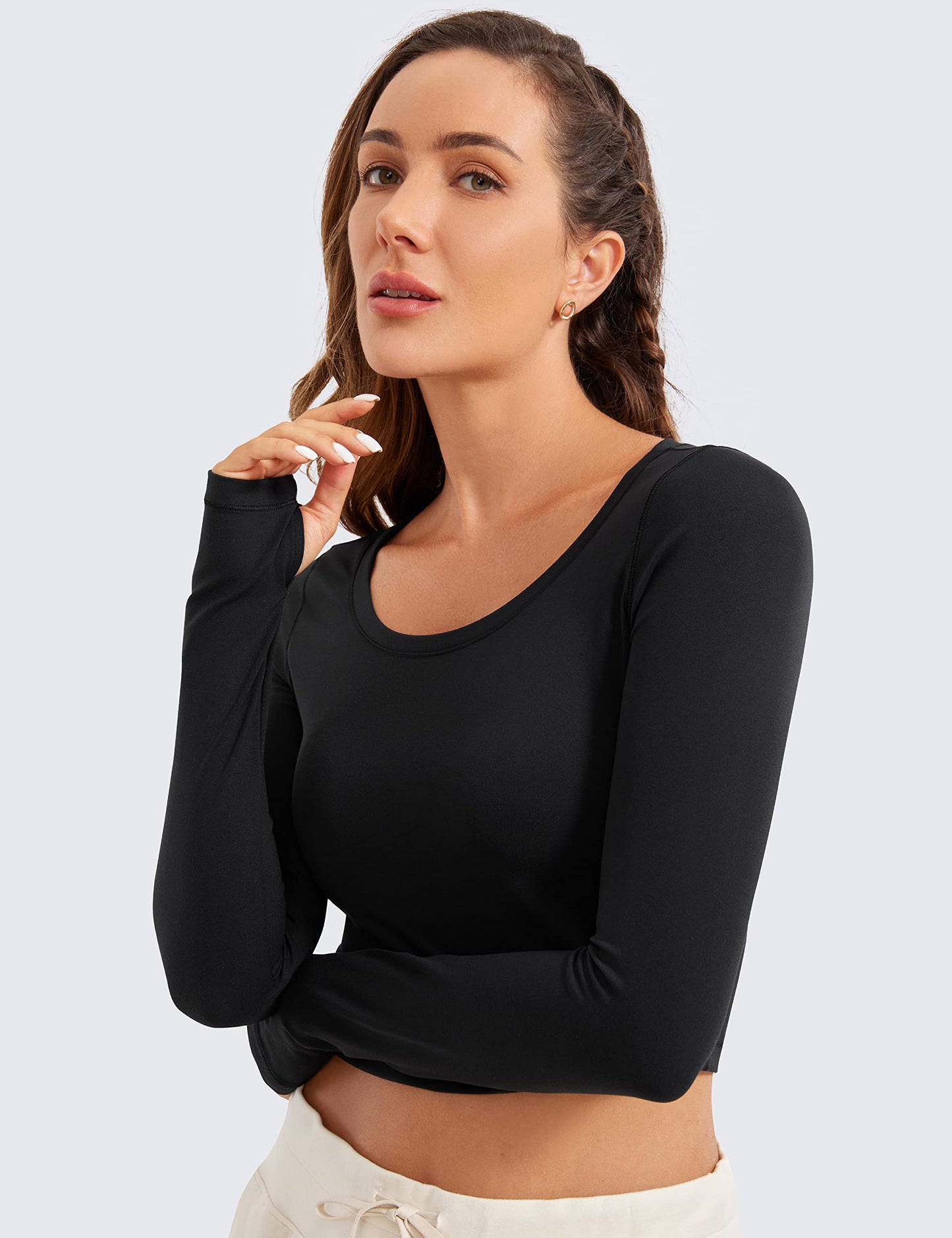 CRZ YOGA Butterluxe Long Sleeve Crop Tops for Women Slim Fit Workout Shirts Cropped Athletic Gym T-Shirts Black Medium