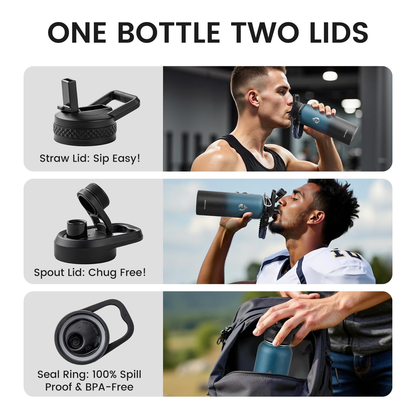 RAYMYLO Insulated Water Bottle 40 oz, Triple Wall Vacuum Stainless Steel (Cold for 36Hrs, Hot for 18Hrs), Leak Proof & Non-BPA, Modern Water Flask Jug with Paracord Handle & Straw Spout Lids