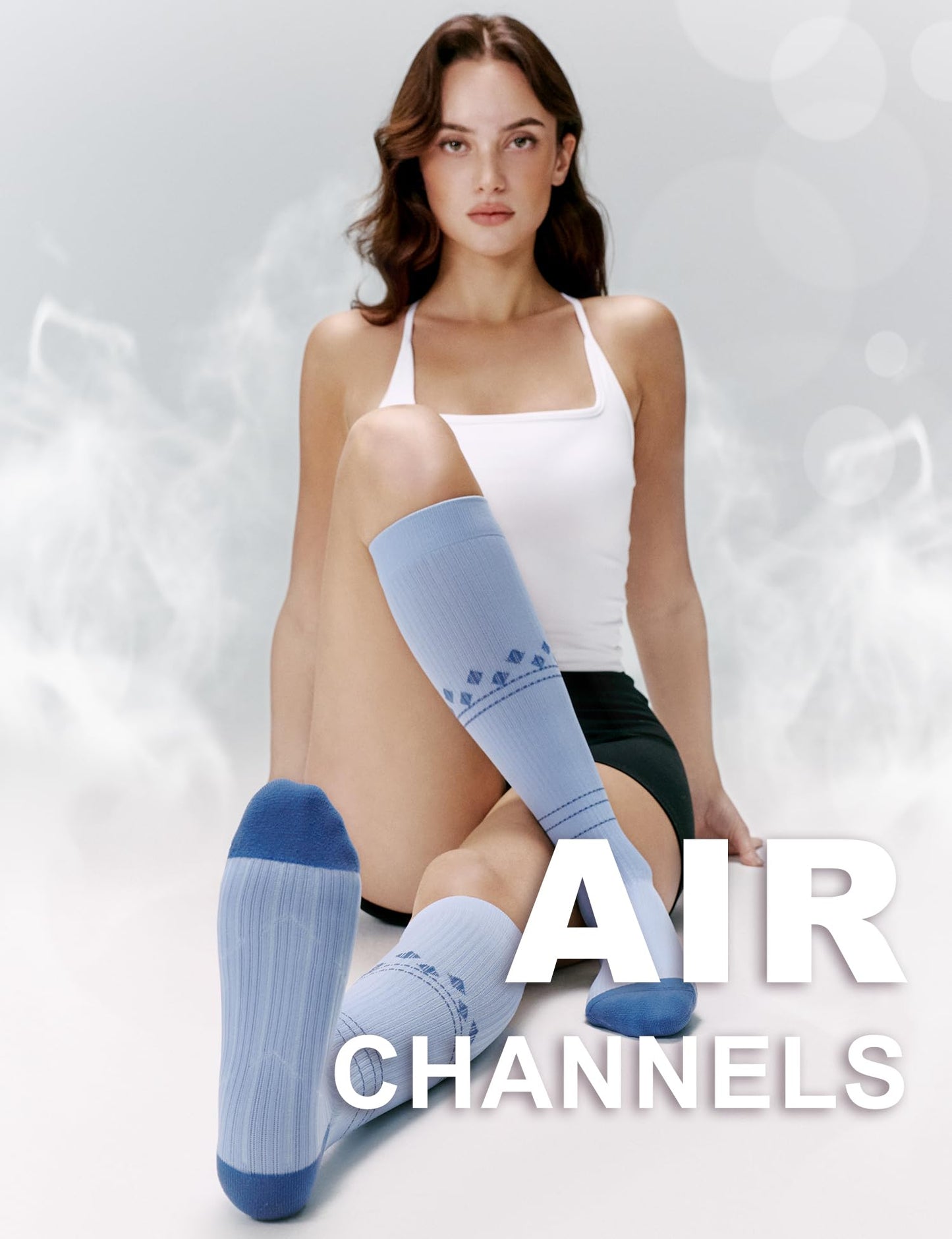 FITRELL 3 Pairs Compression Socks for Women and Men 20-30mmHg Support Socks for Travel, Running, Nurse, Knee High, Diamond Clear Days, Light Blue+White, S/M