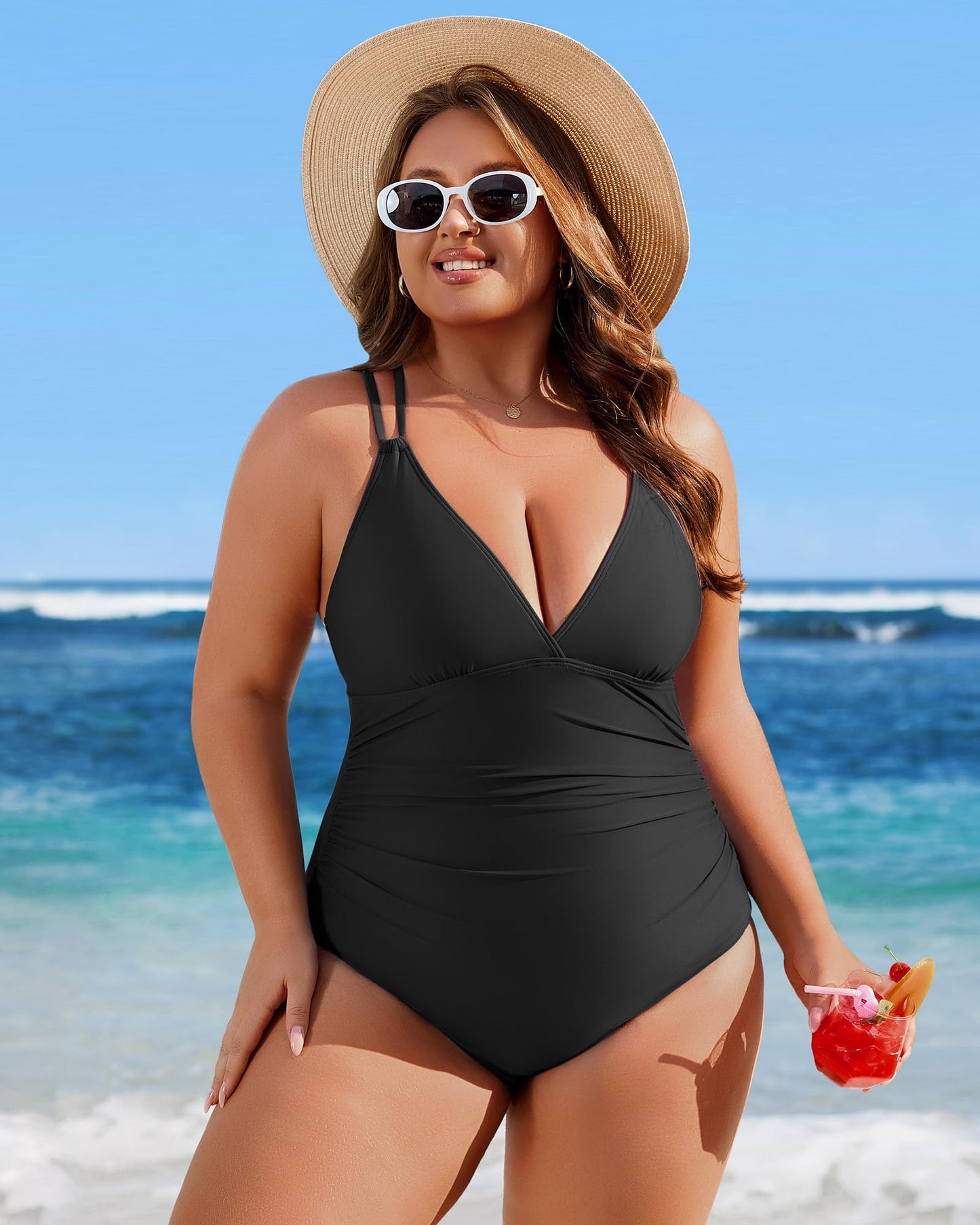 Charmo Tummy Control One Piece Swimsuits for Women Ruched Bathing Suits Criss Cross Strappy Monokini Black Large