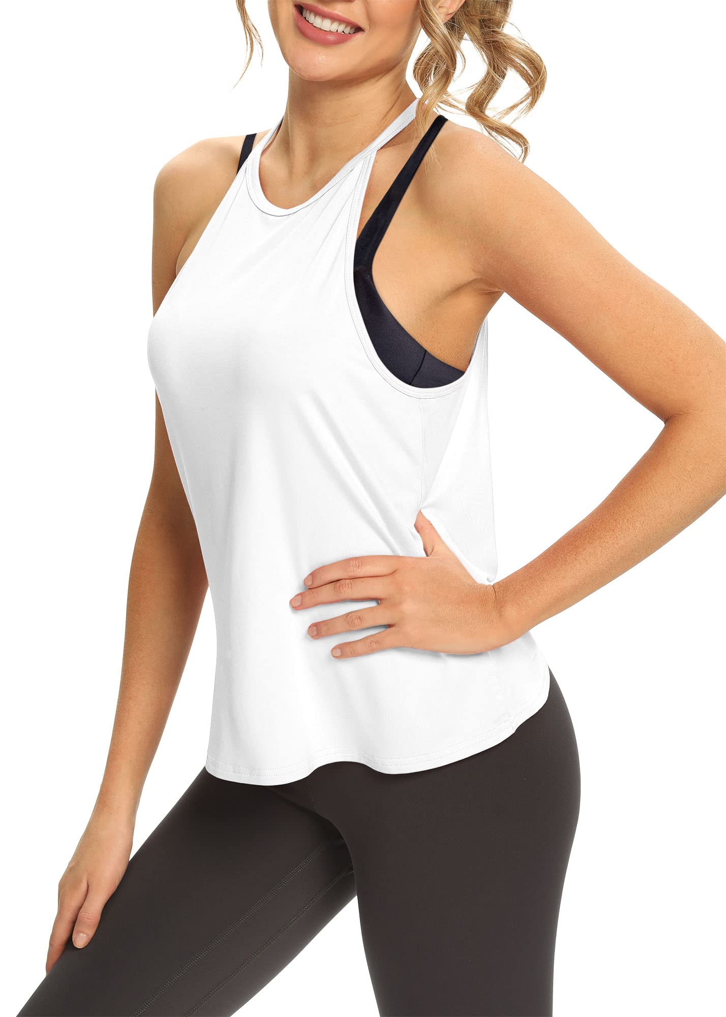 Mippo Womens Open Back Sleeveless Halter Neck Activewear Tank Tops for Workout Gym Sports Running Pilates Hiking Loose Fit White M