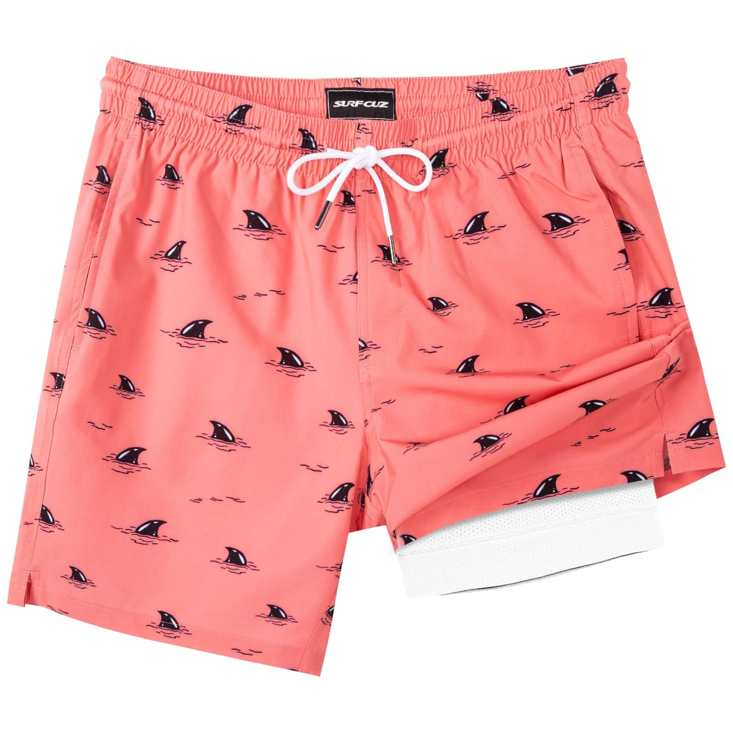 SURF CUZ Mens Swim Trunks with Compression Liner Quick Dry Swim Shorts 7" Swimming Trunks Stretch Zipper Pockets Pink Hidden Sharks Medium