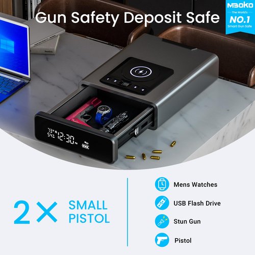 Mboko Biometric Discreet Gun Safe with 12-Hour Time Clock Display, Wireless Charging Gun Safe for Handgun with Adjustable Brightness, Backlit Keypad, LED Light, and Auto Pop-up Access