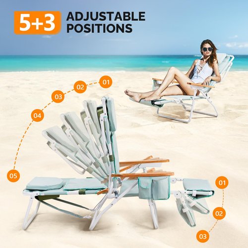 VINGLI Deluxe 3 in1 Beach Chair, Tanning Chair with Face Hole, Reclining Lounge with Foot Rest, Cup Holder and Storage Bag，Beach Lounge for Outdoor-Yellow