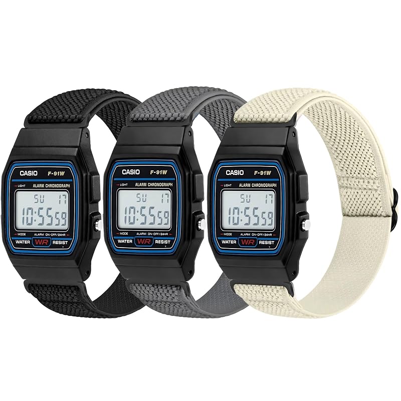 Elastic Nylon Watch Band for Casio F-91W/AE-1200 Series - 3 Pack, Black+Gray+Off-White