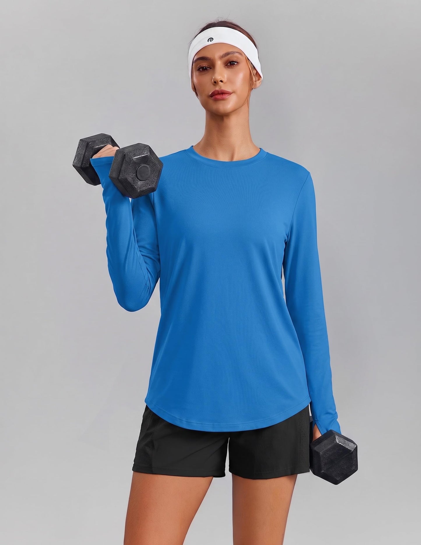 PINSPARK Rash Guard for Women Soft Crewneck Long Sleeve T Shirts with Thumb Holes Quick Dry Lightweight for Fishing Running Tennis Casual, Sparkle Blue Large