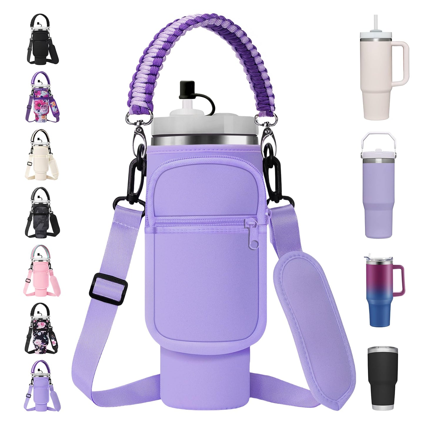 AceTreker Water Bottle Sleeve Bag for Stanley 30/40 oz Tumbler with Handle & 2 Pockets, Neoprene Metal Travel Coffee Mug Carrying Sling Accessories-Purple