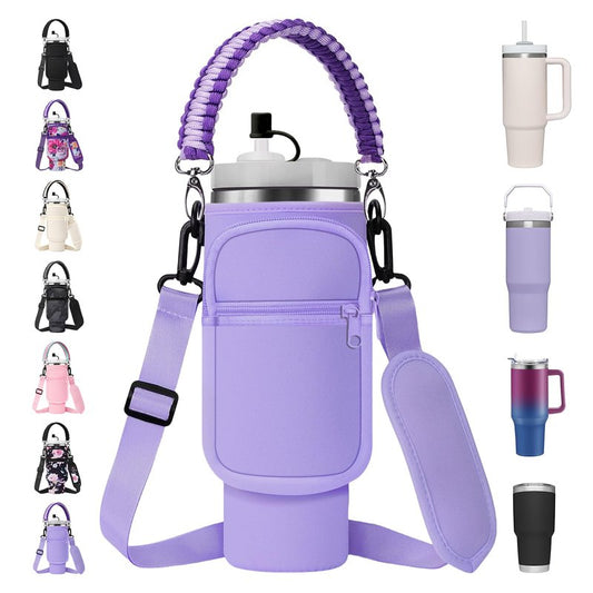 AceTreker Water Bottle Sleeve Bag for Stanley 30/40 oz Tumbler with Handle & 2 Pockets, Neoprene Metal Travel Coffee Mug Carrying Sling Accessories-Purple