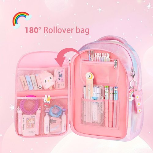 QJHEC Kawaii Rainbow Backpack for Girls – Cute Starry School Bags for Kids & Teens with Plush Pen Case & 6-Piece Study Supplies Set, Children's Bookbag for Elementary – Pink 17.5inch