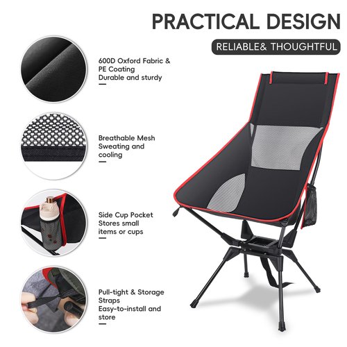 OUTTPLY Swivel Camping Chair, High Back Folding Chair with Head Support, Side Cup Pocket, Stable Portable Outdoor Chair for Camp, Travel, Beach, Party, Fishing, Hiking, Backpacking, Black Red