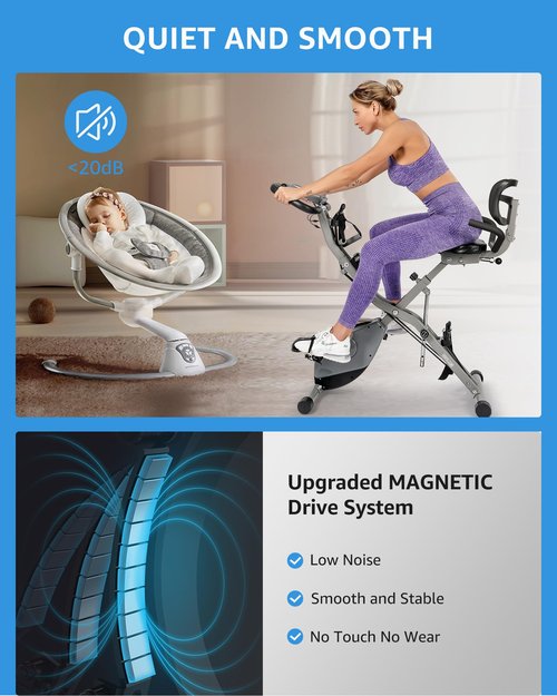 LINBOLUSA Indoor Exercise Bike for Seniors, 5 IN 1 Foldable Stationary Bike with 16-Level Magnetic Resistance and Tri-Position Ride, 330LBS Capacity, 6.6 LBS Flywheel, Upgrade Backrest for Home Workout 818 Gray