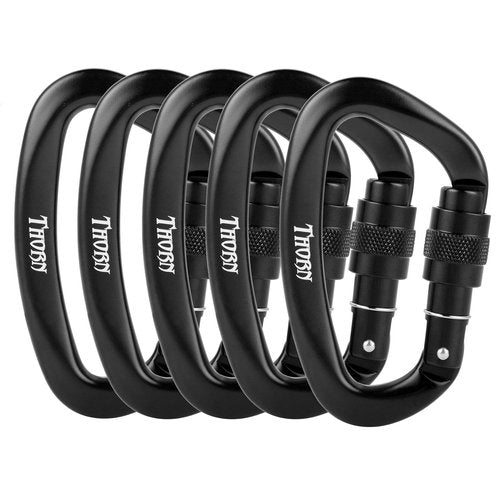 Climbing Locking Carabiner Clip Rappelling - Thorn 25KN Heavy Duty Large Screwgate Carabiners Clips for Rock Climbing,Mountaineer,Hammock,Camping,Gym,Black Pack of 5