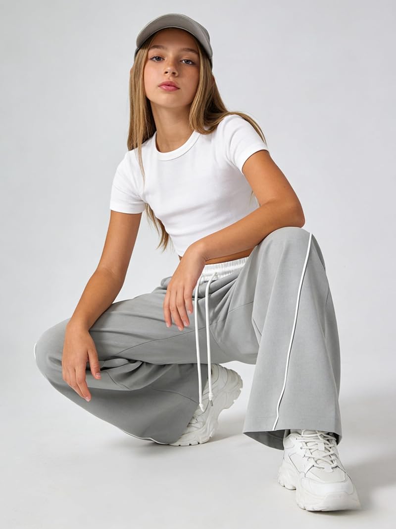2 Pack Kids Sweatpants Wide Leg High Waist with Pockets – Black & Grey, 7-14 Years