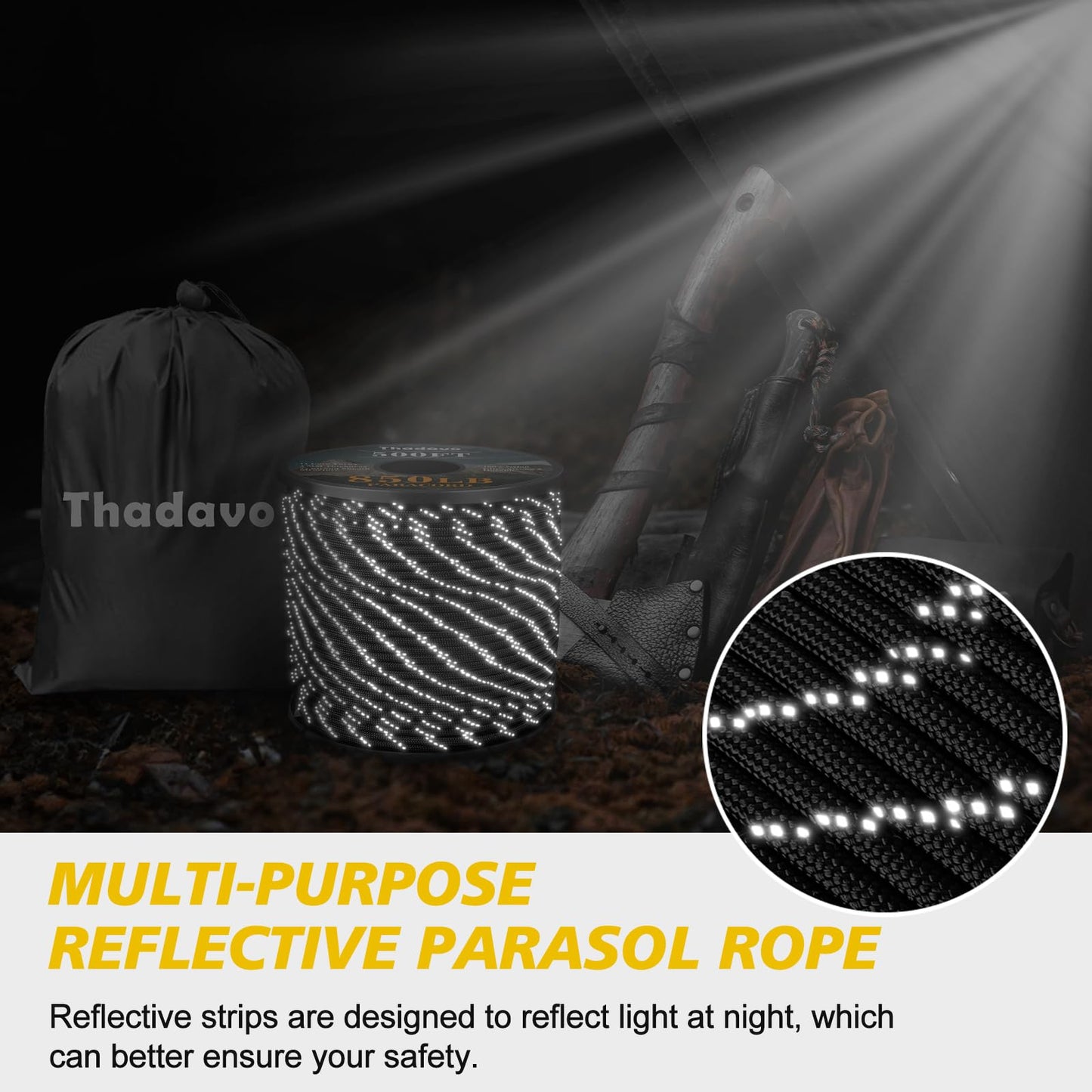 Thadavo Reflective Paracord Rope 850Ib, 50/100/200/500/1000ft 4MM 11 Strand para Cords Lanyard Utility Parachute Cord for Tent Camping Hiking Fishing Survival Clothesline DIY Projects, Black 50FT