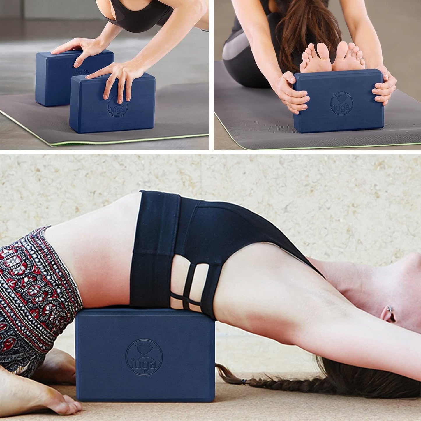 IUGA Yoga Blocks 2 Pack With Strap Non Slip High Density 9"x6"x3" Solid & Cork Yoga Block With Yoga Strap to Improve Strength Balance for Yoga Pilates Meditation