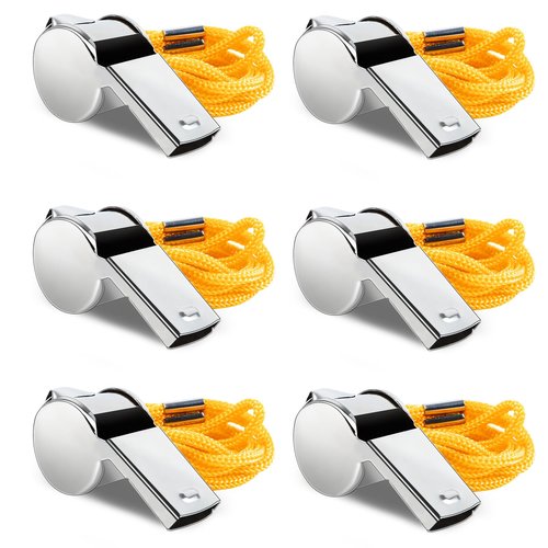 ZUFECY 6PCS Metal Sports Whistles with Lanyard, Loud Coaches Whistle with Nickel-Plated Iron, Silver Color for Survival, Emergency, School, and Gymnasium Use
