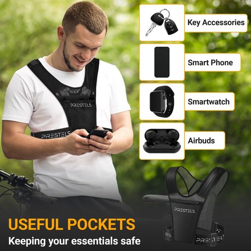 PRESTELS Running Vest Phone Holder - Reflective Running Vest for Men & Women - Adjustable & Breathable Design - Best Chest Pack Gear with Multiple Pockets for Phone, Water Bottle & Other Accessories