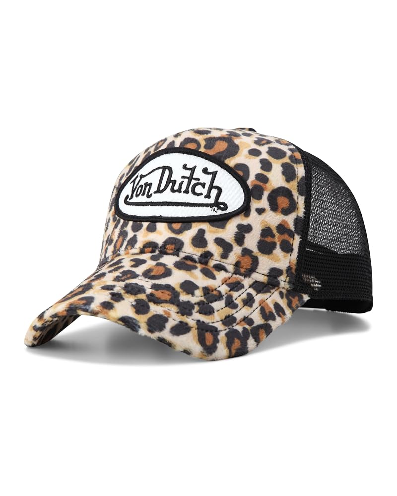Von Dutch Velvet Trucker Hat - Curved Bill, Mesh Back, Snapback, Natural Leopard