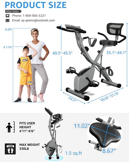 LINBOLUSA Indoor Exercise Bike for Seniors, 5 IN 1 Foldable Stationary Bike with 16-Level Magnetic Resistance and Tri-Position Ride, 330LBS Capacity, 6.6 LBS Flywheel, Upgrade Backrest for Home Workout 818 Gray