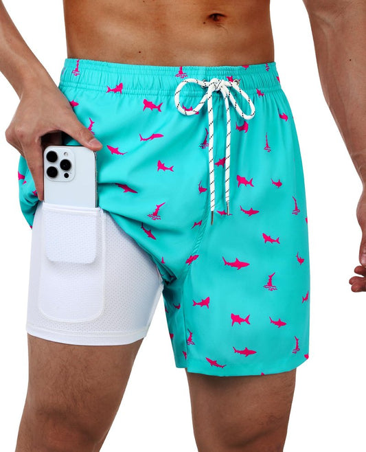Gleeease Swimming Trunks for Men Swim Shorts Men 5 inch with Compression Liner Pockets Drawstring Quick Dry Stretch Lined Funny Beach Swimming Pool Surf Shark Blue X-Large