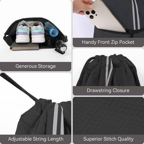 JOYNYON Drawstring Backpack Sports Gym Bag Draw String Back Bag for Men Women - Lightweight Waterproof Durable Sackpack with Zipper Pocket (Black)