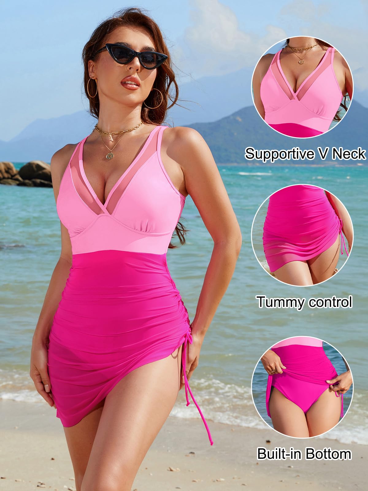 Blooming Jelly Women One Piece Swim Dress Tummy Control Swimsuits Slimming Mesh Sheer Bathing Suit (XXL, Pink/Hot Pink)