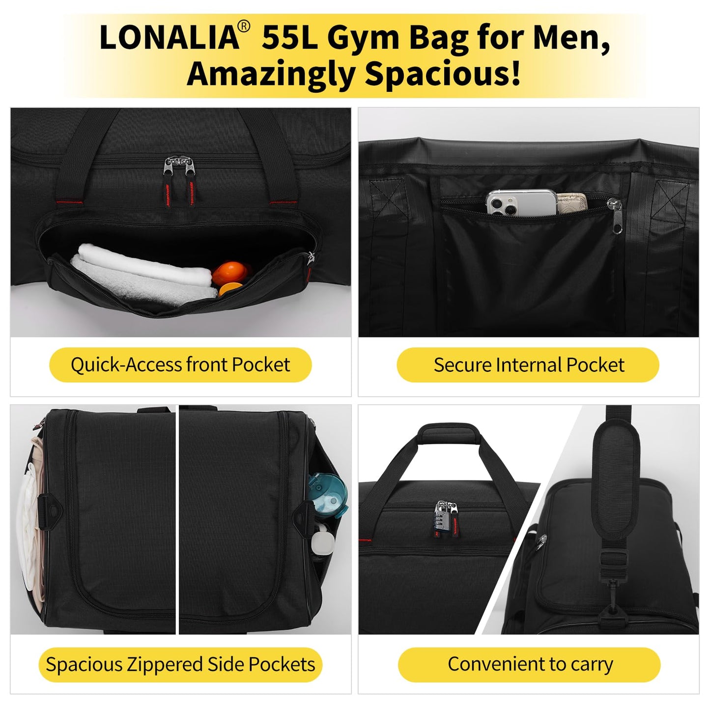 LONALIA 55L Sports Gym Duffle Bag for Men, Black
