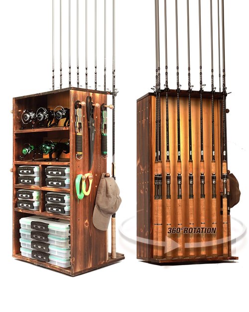 Ghosthorn Fishing Rod Holders for Garage Storage up to 10 Rods or Combos Fishing Pole Holders 360° Rotating Rod Rack Fishing Gear Equipment Tackle Organizer Wood Floor Stand for Men Women