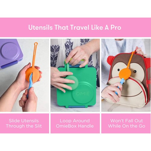 Omie OmieBox Kids Utensils Set with Case - 2 Piece Plastic, Reusable Fork and Spoon Silverware with Pod for Kids (Bubble Pink)