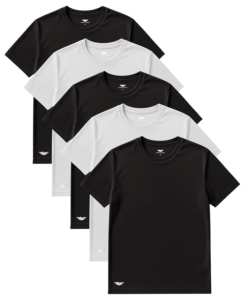 American Heaven 5 Pack: Men’s Short Sleeve Mesh Crew Neck T-Shirts – Black/White