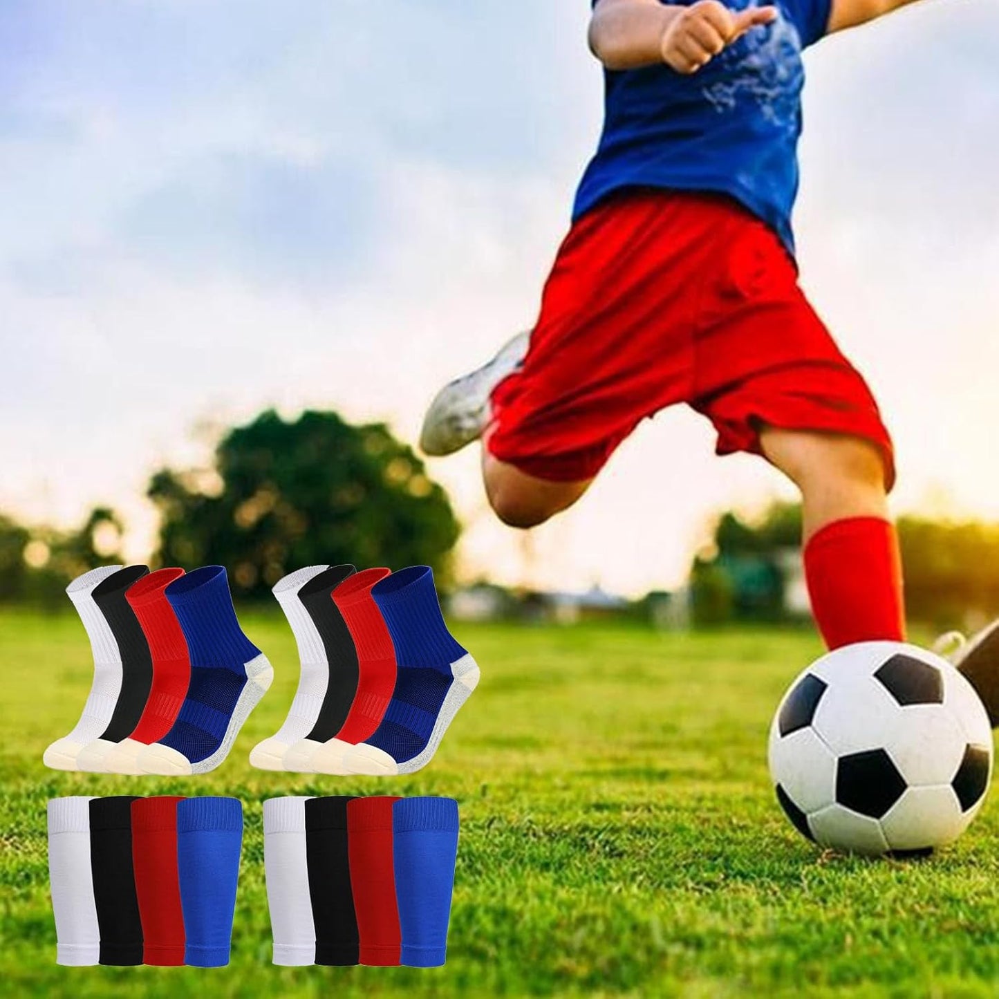 2/4 Sets Youth Grip Soccer Socks with Shin Guard Sleeves Kids Sleeve Socks for Boys Girls 7-14 for Soccer Basketball