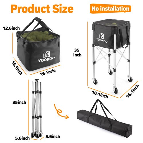 YooKoo Sturdy Tennis Ball Hopper Holds 200 Balls, Lightweight Tennis Ball Basket with 2 Lockable Wheels, Easy to Use Without Installation for Tennis Training and Teaching