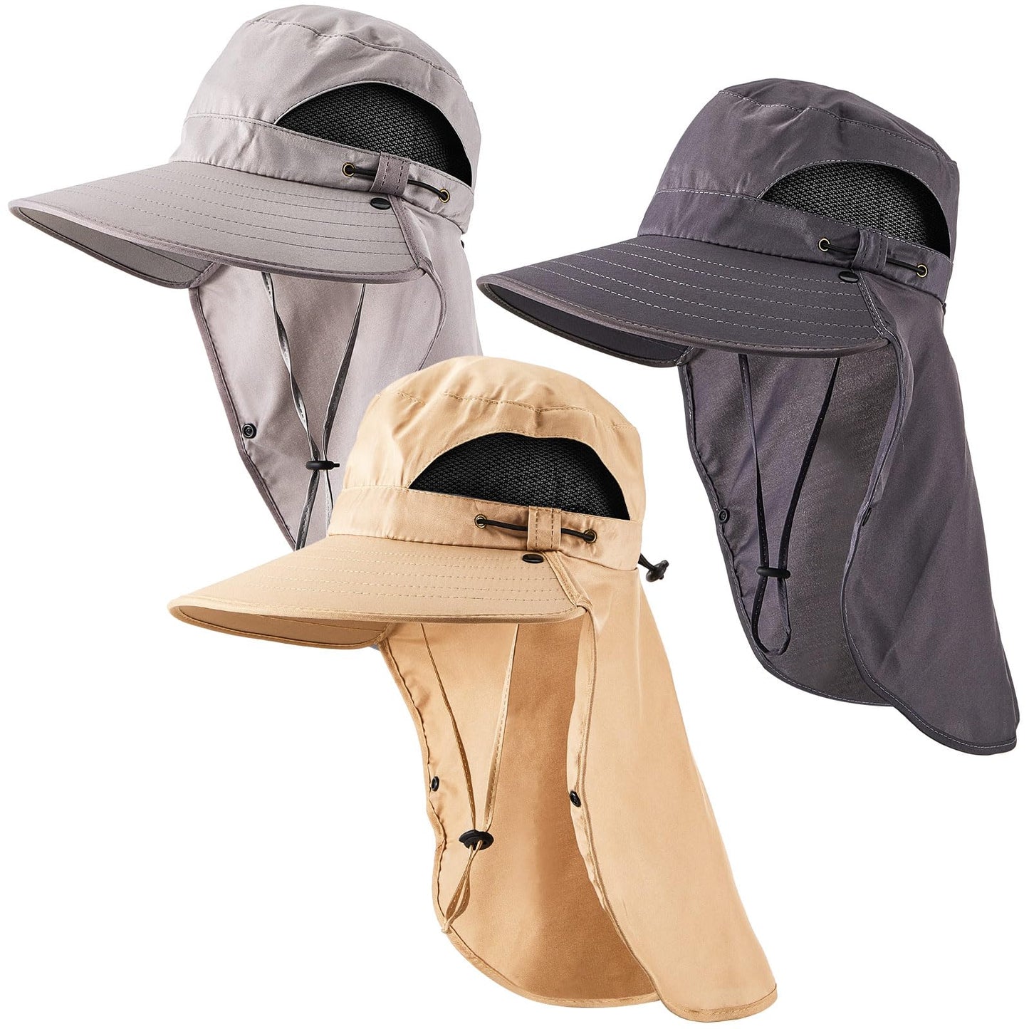 Cuffbow 3 Pcs Sun Hat for Men Women with Neck Flap Breathable Wide Brim Bucket Hat UV Protection UPF 50+ Fishing Hiking(Dark Gray, Gray, Khaki)