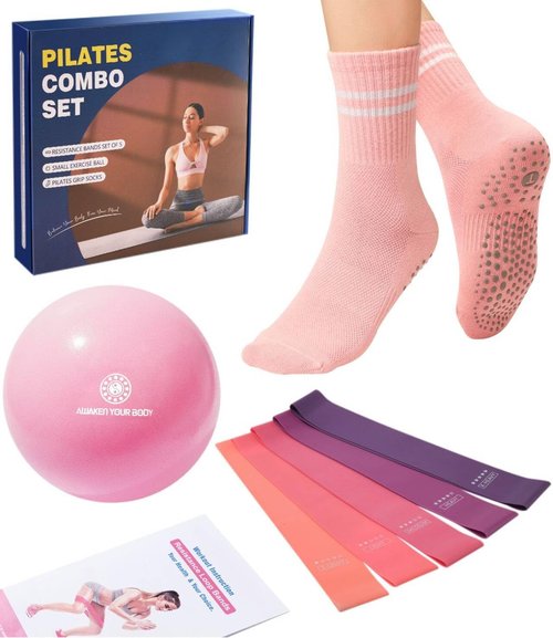 floconssy Pilates Ball Resistance Bands Pilates Socks Sets, Loop Exercise Bands 5 Levels, Small Pilates Ball 9 Inch, Non Slip Socks Grips Yoga Kit for Home Workouts Pink