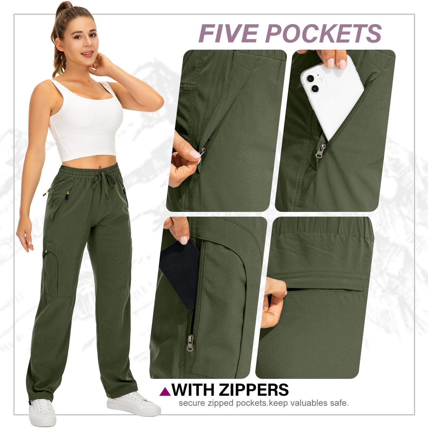 Womens Hiking Pants Quick Dry UPF 50 Lightweight Travel Golf Cargo Safari Pants Zipper Pockets,6608,Army,Petite XS
