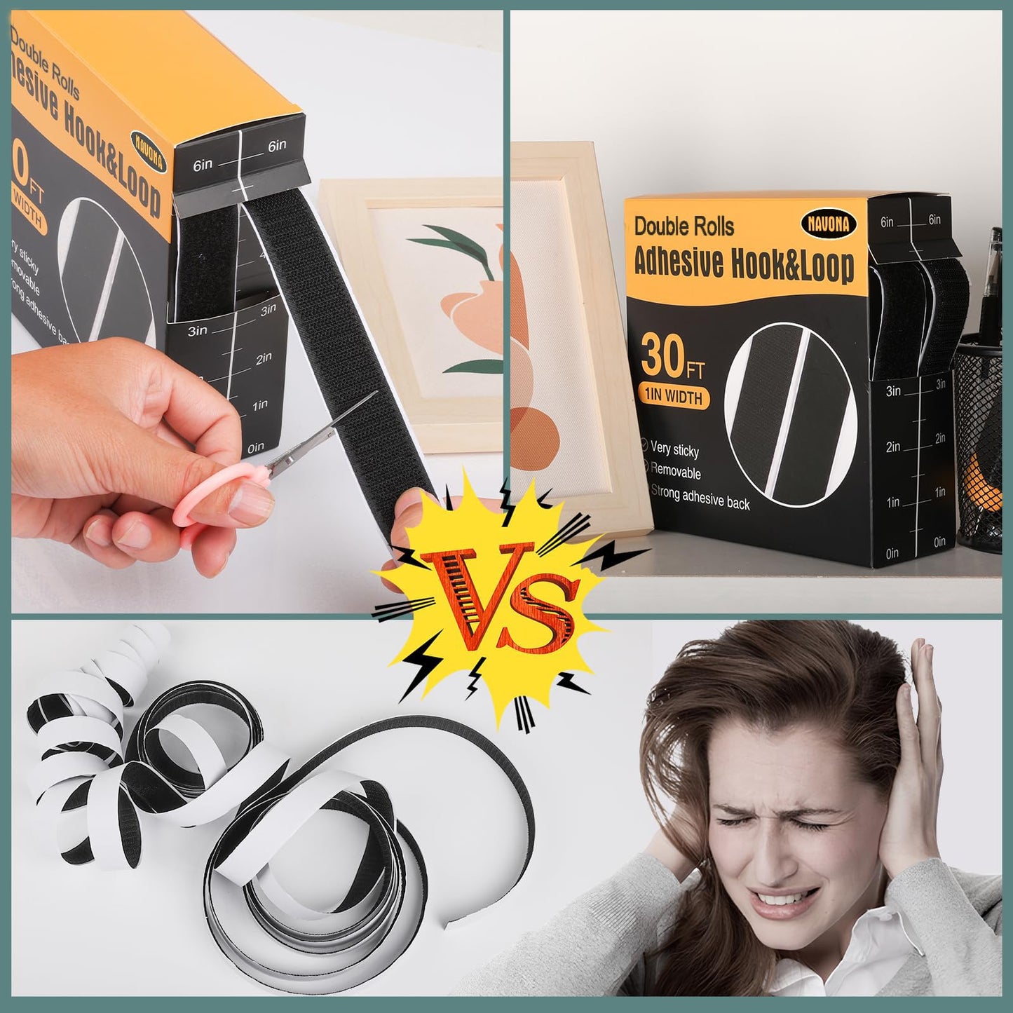 Navona 30Ft x 1 Inch Hook and Loop Strips with Adhesive, Heavy Duty Self Adhesive Hook and Loop Tape with Measuring Scale Backing for Home, Office, School & DIY Projects, Black