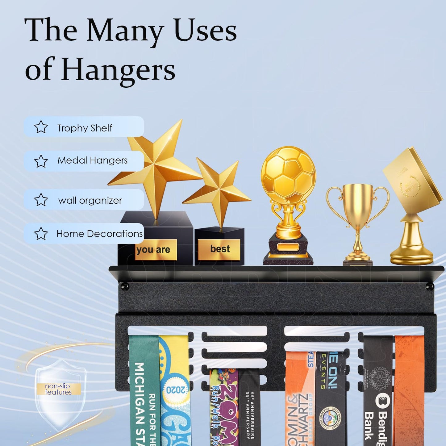 iBobbish Non-Slip Medal Hanger Display Trophy Shelf,Medal Hanger Display For Wall with 16inchL,Race Medal Display Upgraded Medal Holder Display For gymanstics,race,soccer,swim