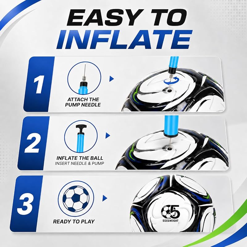 Soccer Ball Size 5 with Pump - Durable Indoor/Outdoor Training Ball, White with Black Panels