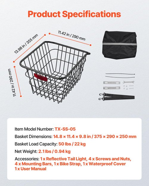 VEVOR Rear Bike Basket, Metal Wire Bicycle Basket with Reflective Tail Light & Waterproof Cover, Durable Bike Back Basket, Fits to Most Rear Bike Racks